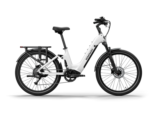White Himiway A7 electric bike side view, showcasing step-through frame, front suspension, and rear cargo rack.