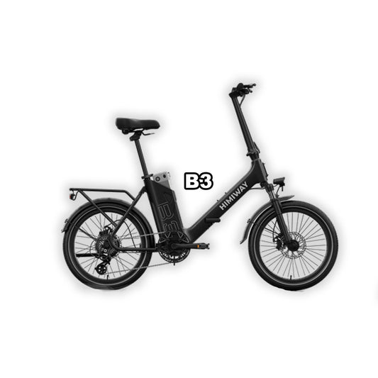 Himiway B3 eBike in black, shown inside its box with packaging materials, product image labeled "In Box Black 1"