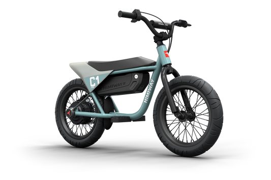 Bluish gray Himiway C1 electric bike for kids, side view, showing sturdy frame, thick tires, and comfortable seat.