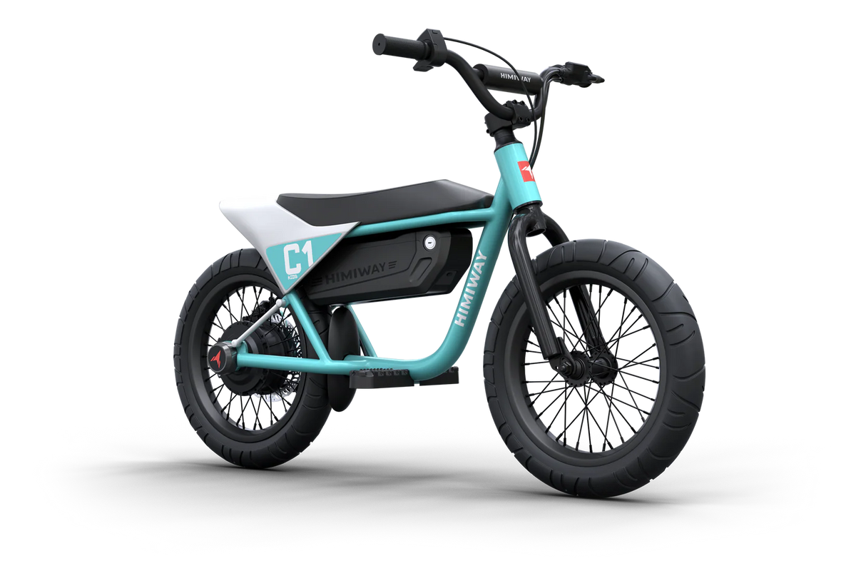 A cyan Himiway C1 electric bike for kids, side view, displayed on a white background.