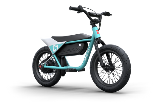 A cyan Himiway C1 electric bike for kids, side view, displayed on a white background.