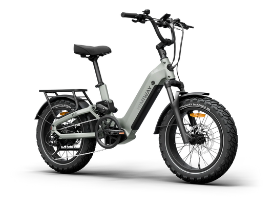 Side view of the Himiway D5 2.0 20" eBike in sage green, showing its compact frame, thick tires, and battery integrated into the downtube.