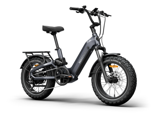 Side view of the Himiway D5 2.0 eBike in space grey, featuring 20-inch wheels, a sturdy frame, and a rear cargo rack.