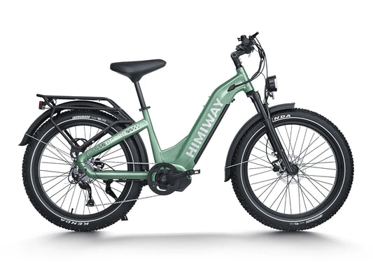Green Himiway D5 Pro Step Thru eBike, side view, displayed on a white background
