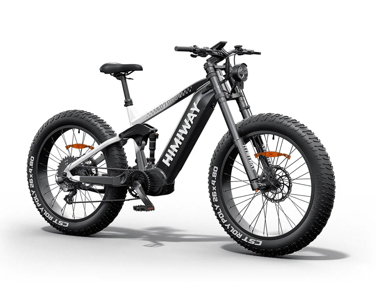 Himiway D7 electric bike in black and white gradient color, side view, showcasing frame design and large tires