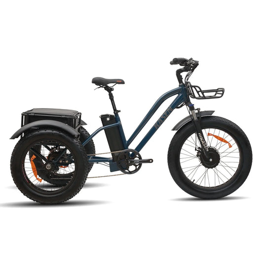 Blue Kasen electric trike with three wheels, front basket, and rear cargo rack, displayed on a white background.