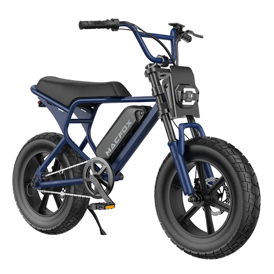 Navy blue Macfox M16 eBike side view with black tires and silver accents
