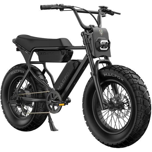 A black Macfox X7L eBike with dual batteries, shown from a side angle against a plain background.