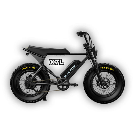 Black Macfox X7L eBike in its box, product image showing packaging and bike design