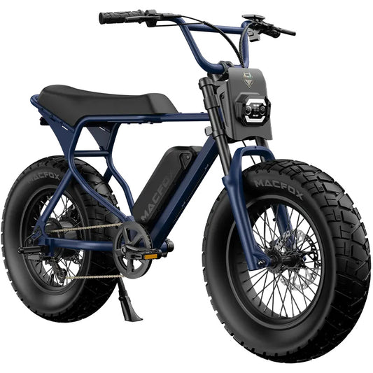 Navy blue Macfox X7L eBike, side view, single bike against a plain background
