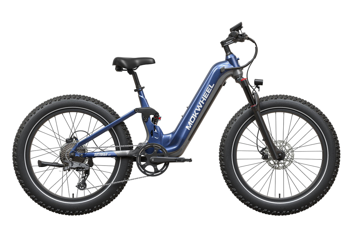 Blue and gray Mokwheel Obsidian ST 2.0 eBike side view against a white background