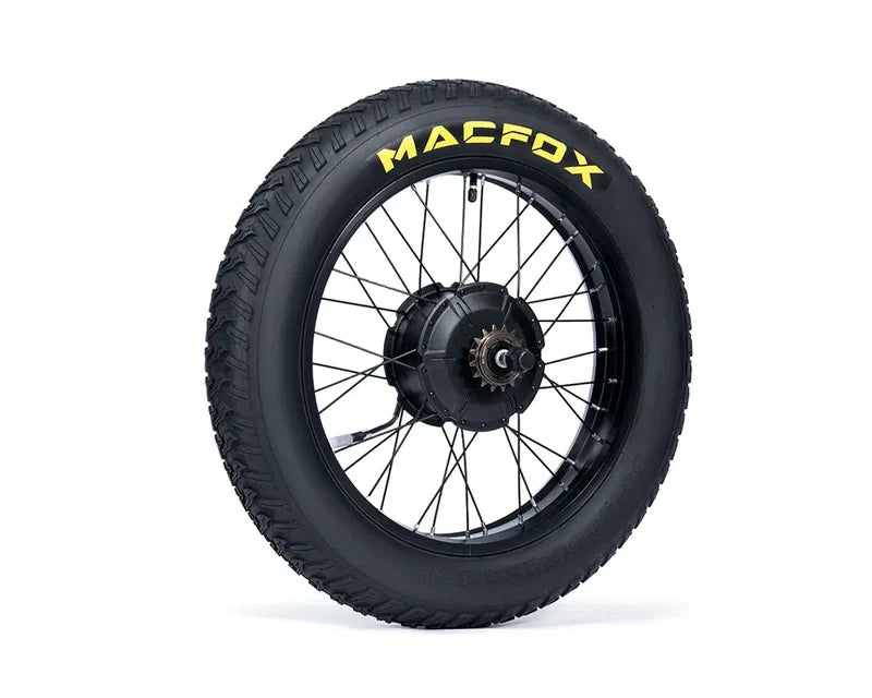 Alt text: Macfox X1S eBike motor with attached wheel and rim, product image showing motor part only