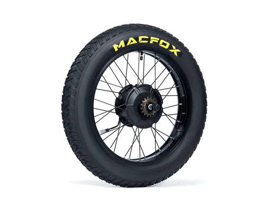 Alt text: Macfox X1S eBike motor with attached wheel and rim, product image showing motor part only