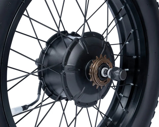 Macfox X1S eBike motor with attached wheel and rim, product image showing side view of motor assembly