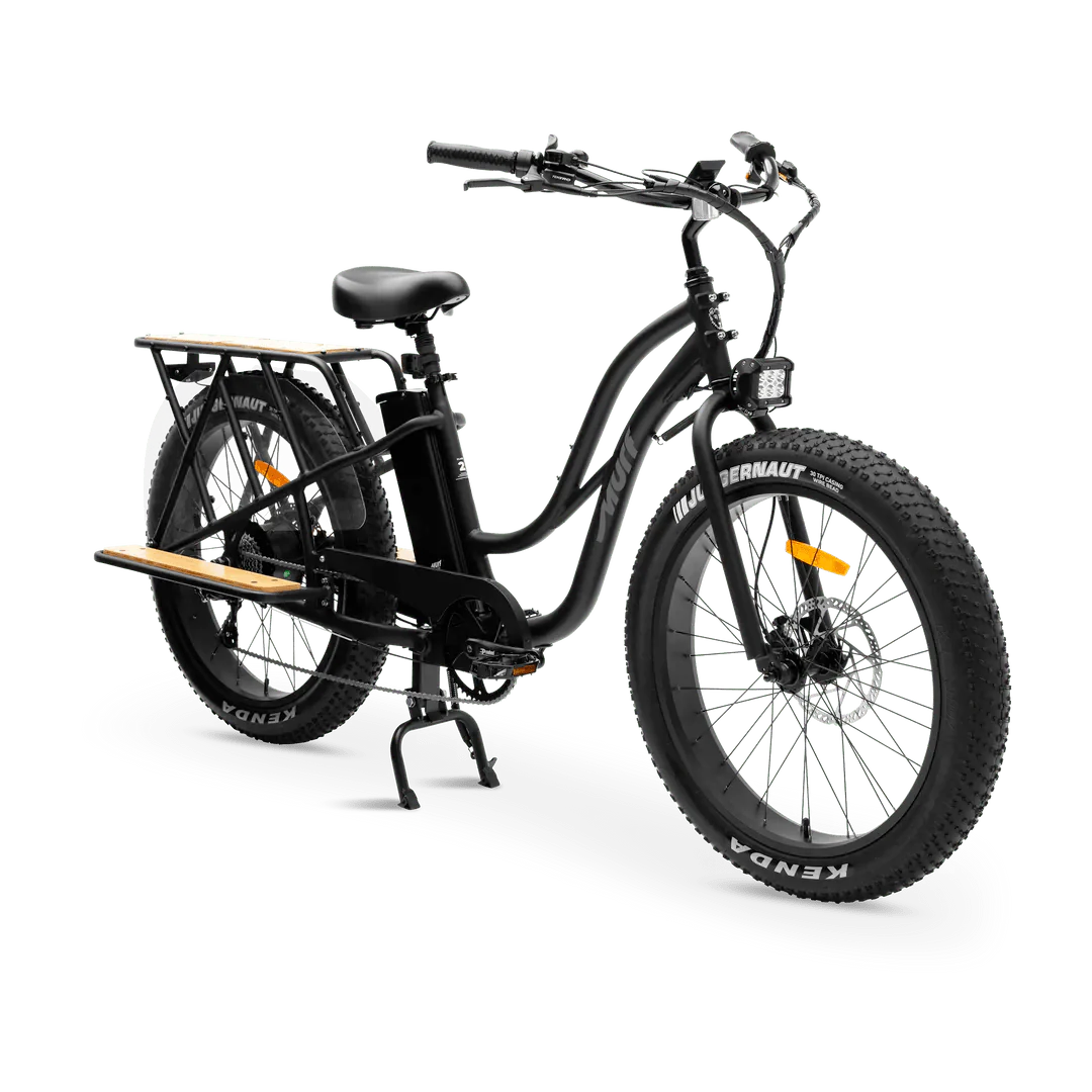 Black eBike MURF Alpha Cargo Fat Tire Beach Cruiser with 52v battery, side view, on white background