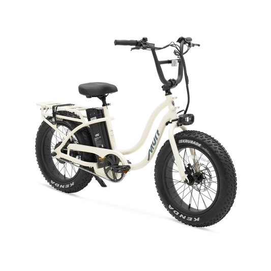 Side view of the Murf Higgs ST eBike in Bone color, showcasing its step-through frame, wide tires, and minimalist design against a plain background.