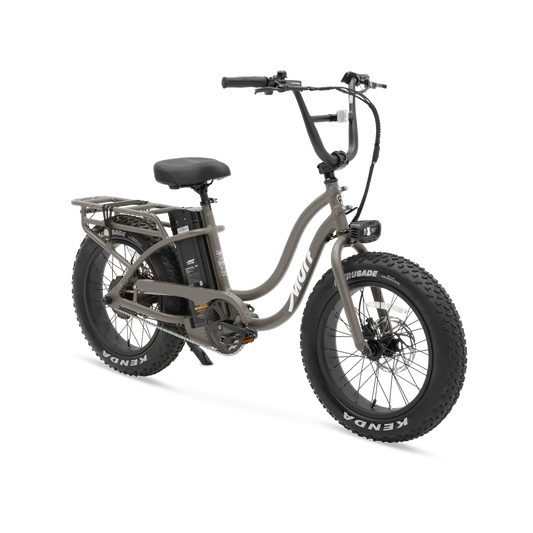 Side view of a Murf Higgs ST eBike in stone color, showcasing its step-through frame, wide tires, and minimalist design against a plain background.