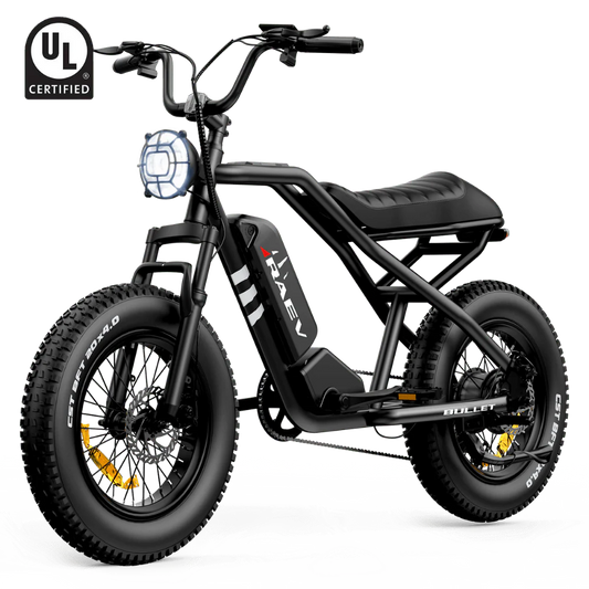 Metallic black Raev Bullet eBike side view, showcasing sleek frame and modern design