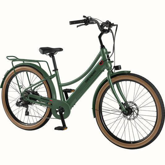 Retrospec Beaumont Rev 3 Plus eBike in Fern color, side view, featuring step-through frame, rear rack, and front basket.