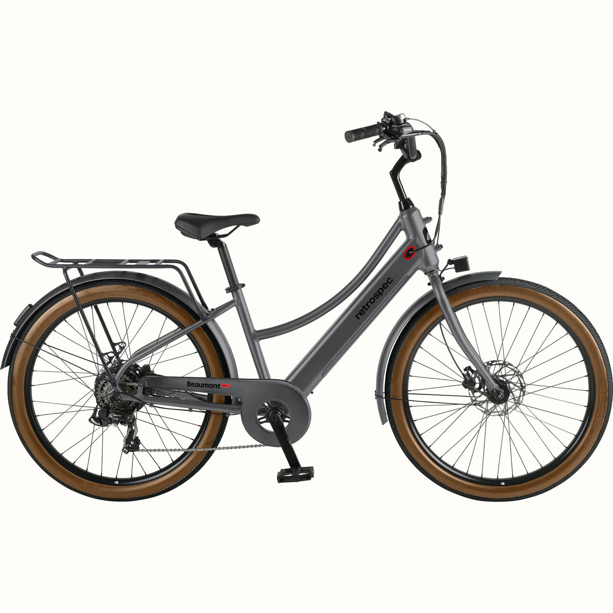 Retrospec Beaumont Rev 3 Plus electric bike in matte graphite, side view, against a white background