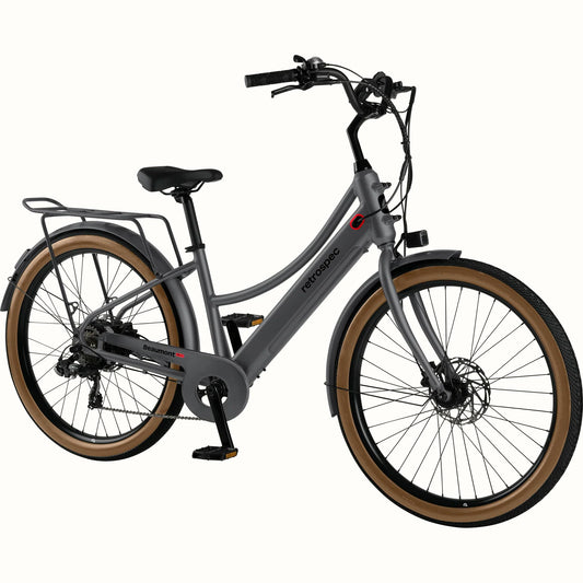 Retrospec Beaumont Rev 3 Plus electric bike in matte graphite color, side view, showing step-through frame, rear rack, and front basket.