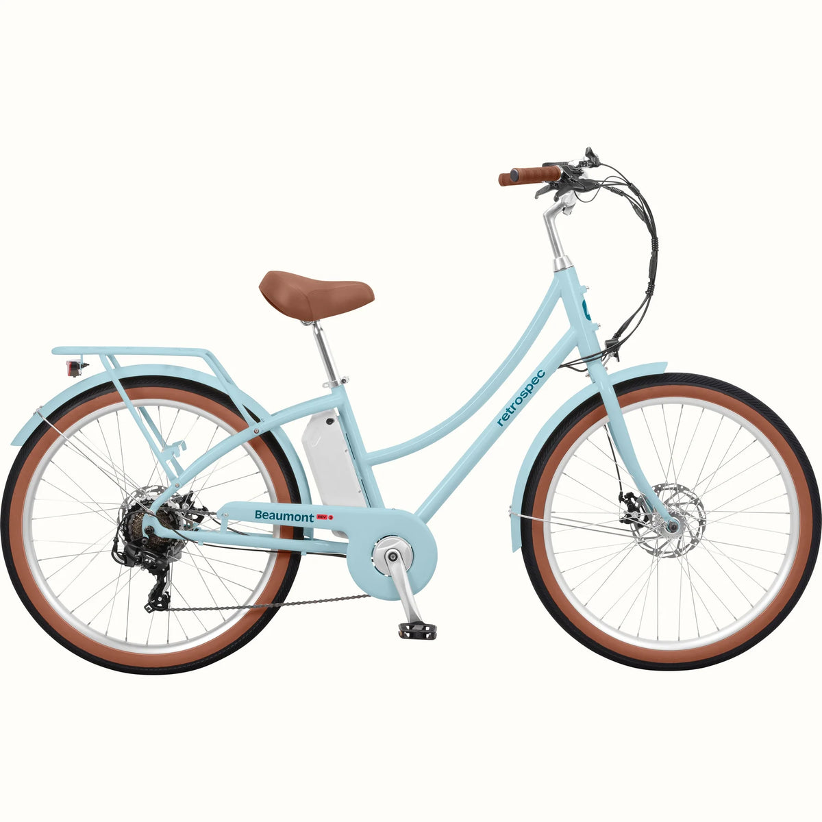 Retrospec Beaumont Rev 3 eBike in Larimar color, side view, showing step-through frame, rear rack, and front basket.
