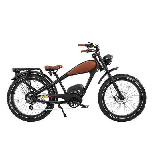 Brown eBike Revi Cougar Pro side view showing frame, wheels, and handlebars against a white background