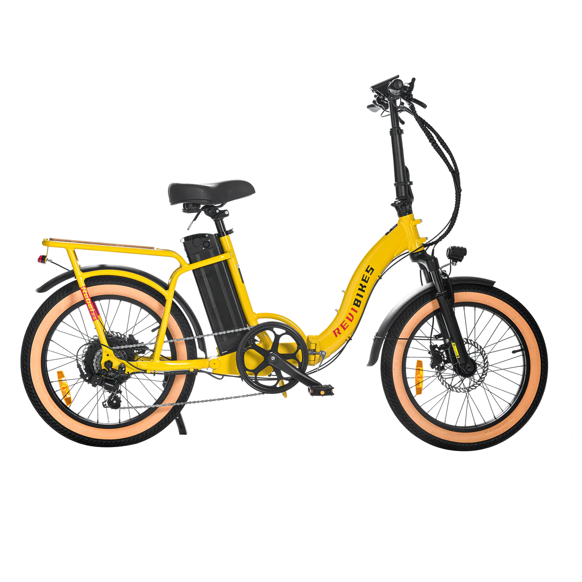 Yellow eBike Revi Rebel.2 electric bicycle side view with black tires and battery pack