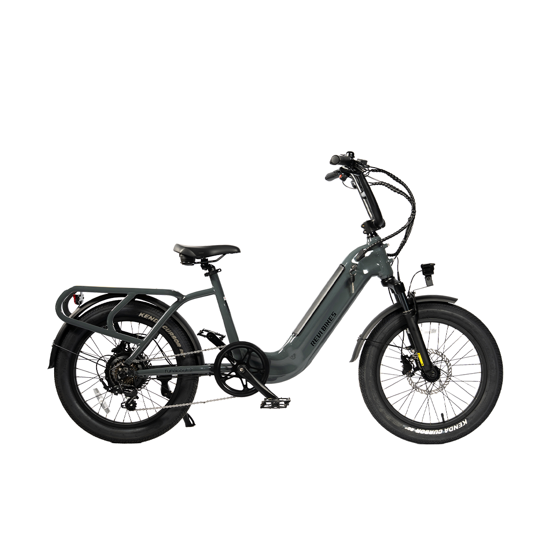 Antracit gray eBike Revi Runabout.2 electric bicycle, side view, against a white background