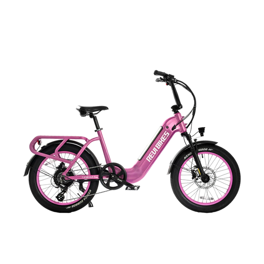 Pink eBike Revi Runabout.2 electric bicycle, side view, against a white background