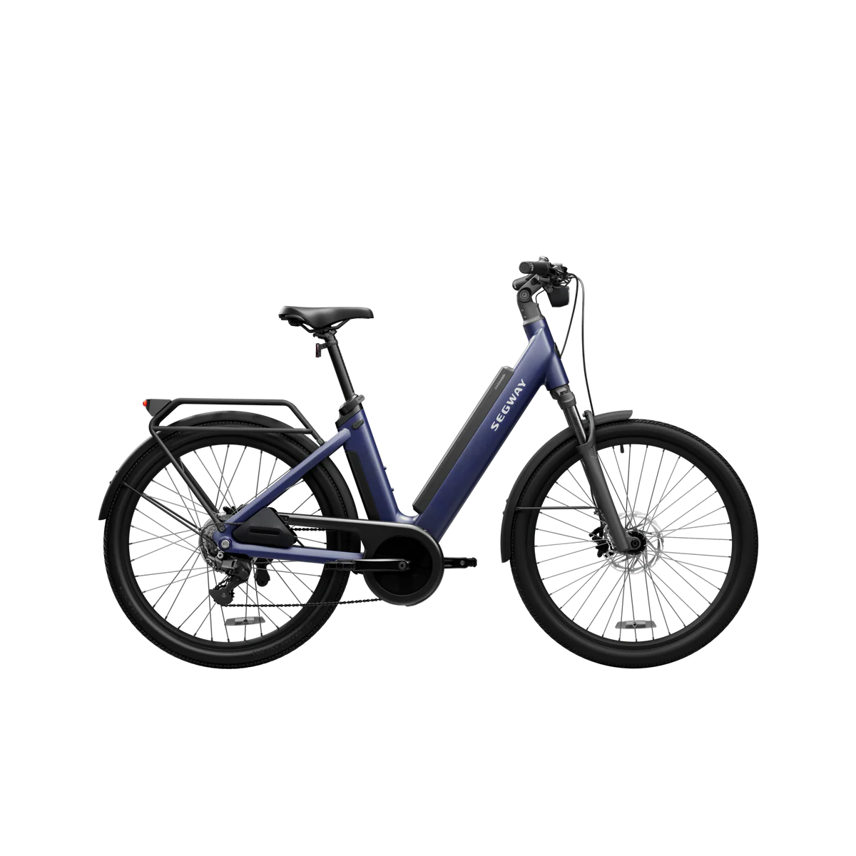 Blue suede shoe designed for eBike Segway Myon, side view, product image on white background