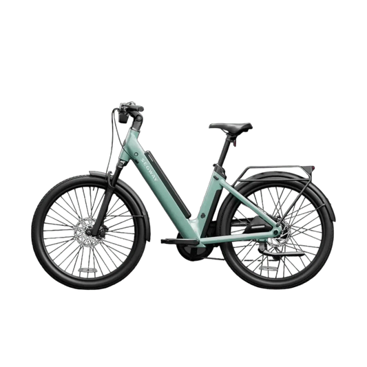 Small green Segway Myon eBike, side view, on a white background