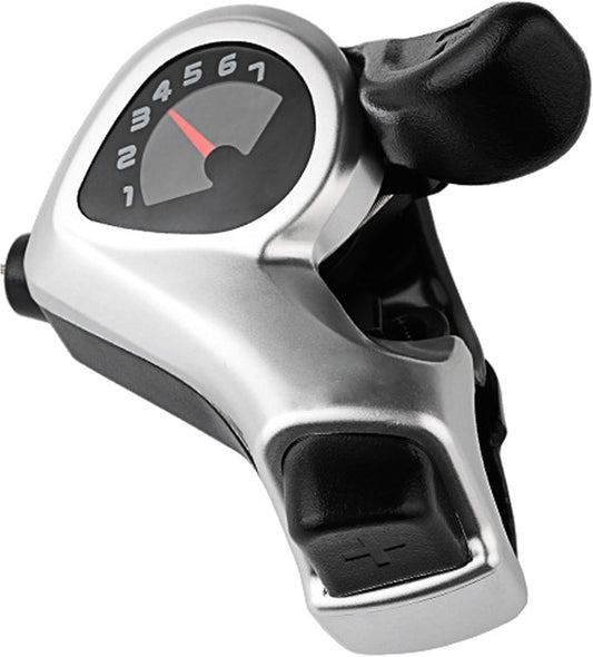 A black 7-speed thumb shifter for eBikes, featuring a clear gear indicator and ergonomic lever design, shown against a white background.