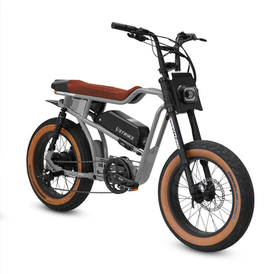 Gray eBike Strike Panthro electric bicycle, side view, on a white background