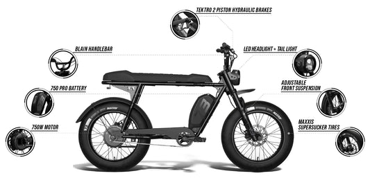 Side view of the Super73 S2 SE electric bike in black, showcasing its thick tires, long seat, and minimalist frame design against a plain background.
