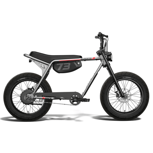 Super73 ZX electric bike in metallic aluminum color, side view, displayed on a white background