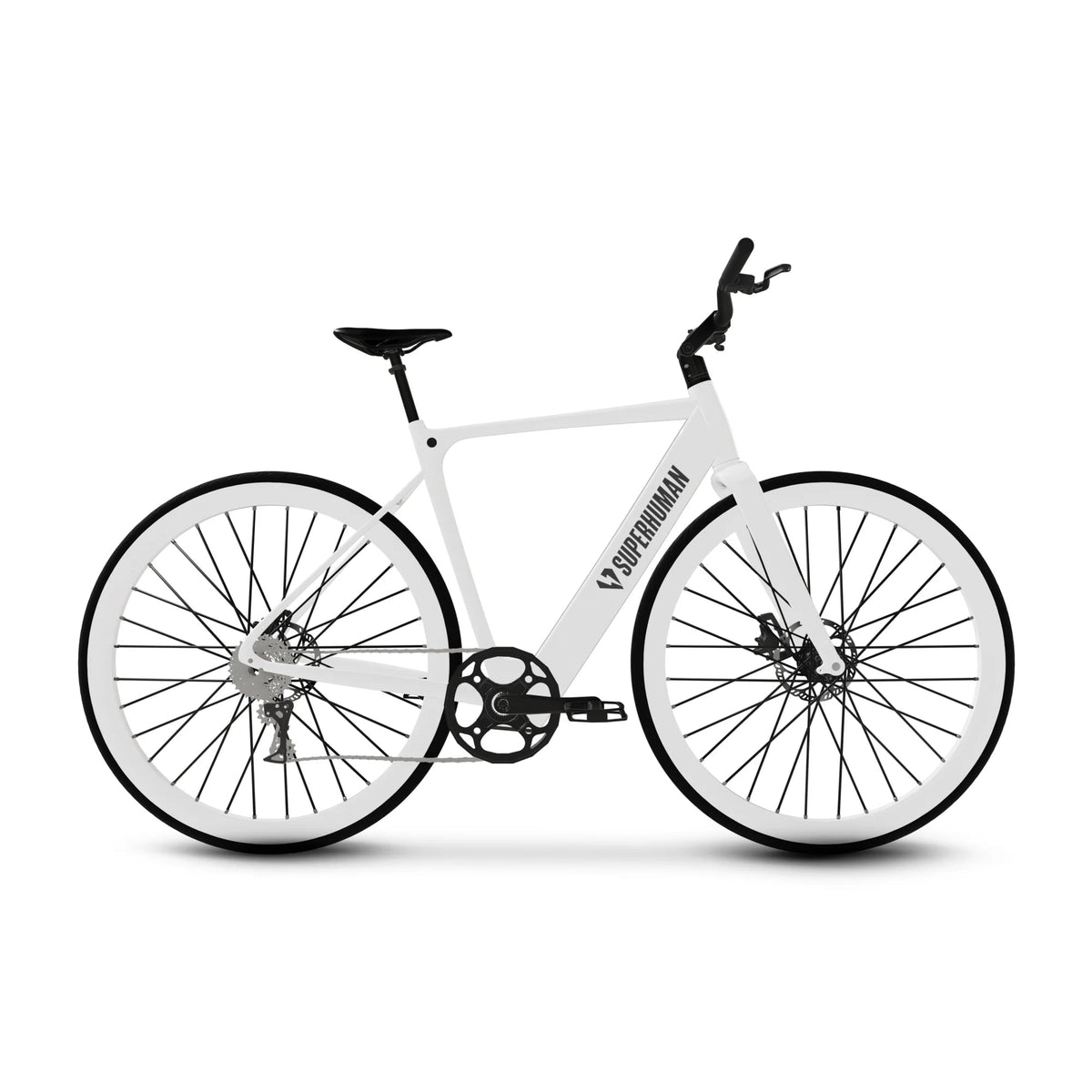 Electric bike, Superhuman Photon Pro model, in Arctic Glow color, side view, set against a white background, showcasing sleek frame and modern design.