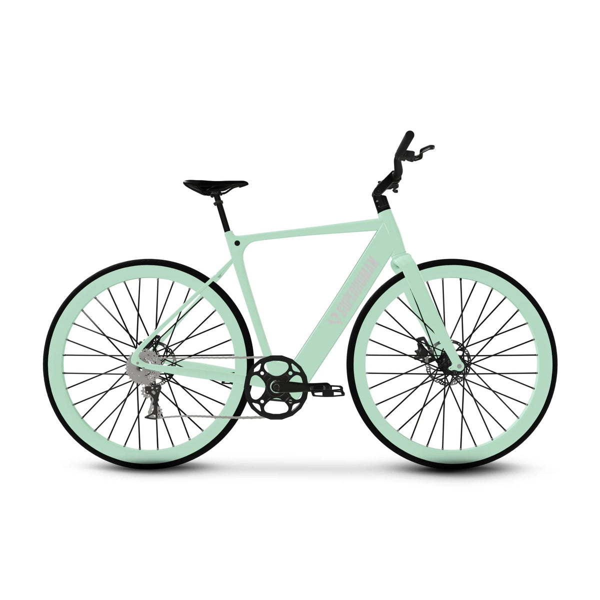 A mint green eBike Superhuman Photon Pro bicycle with glowing accents, displayed on a white background.