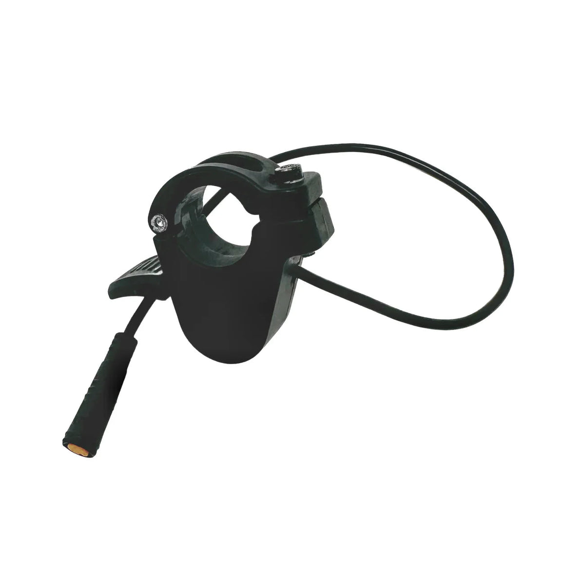 Close-up of a Super73 e-bike thumb throttle attached to the handlebar, showing the textured grip and electronic control unit.