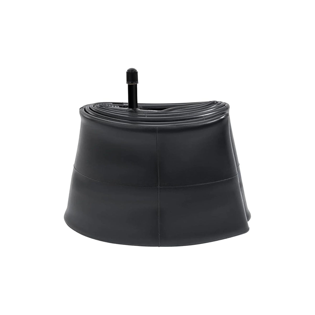 A black 18x1.25/2.25 ebike inner tube coiled neatly, with a metal valve stem visible, displayed against a plain background.