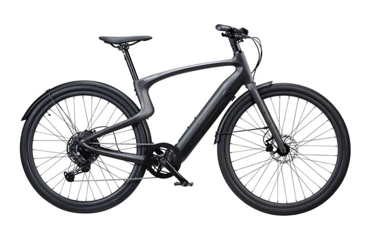 Matte black Urtopia Carbon 1 Pro eBike side view, showcasing sleek carbon fiber frame and modern design.