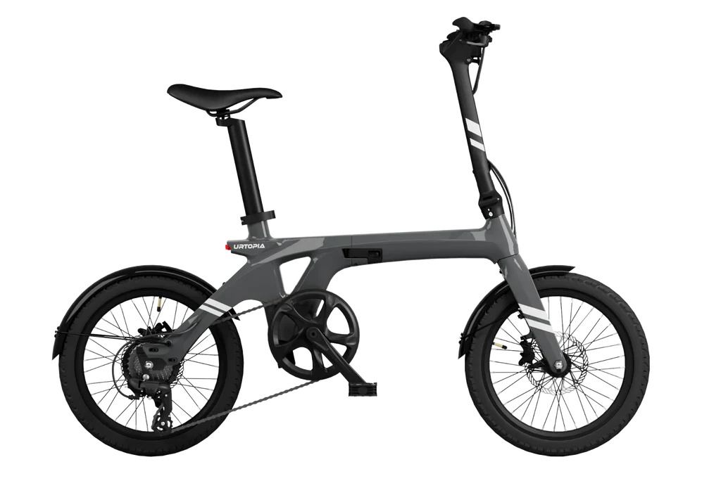 Urtopia Carbon Fold 1 eBike in charcoal gray, side view, folded position, against a plain background