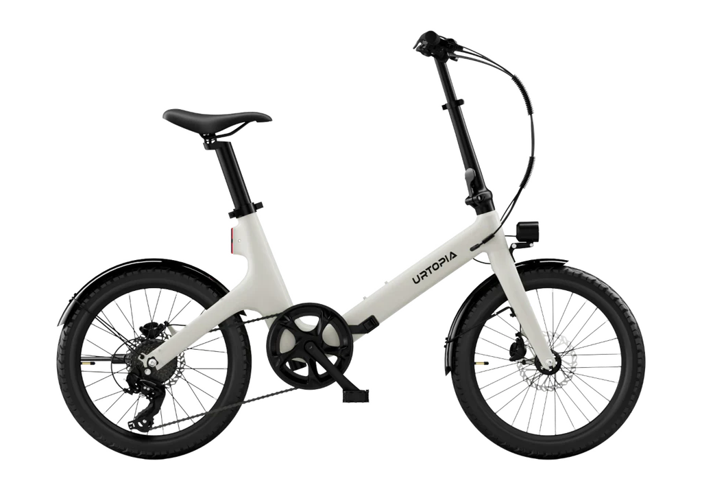 Urtopia Carbon Fold Step Thru eBike in creme color, shown folded with lightweight carbon frame and step-through design.