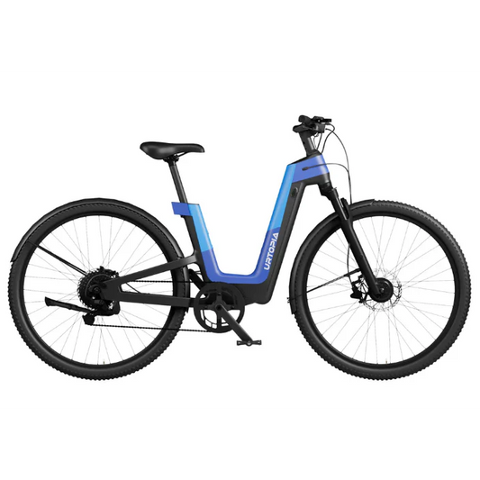 Urtopia Carbon Fusion GT eBike in Deep Sea Blue, side view, showcasing sleek carbon frame and modern design