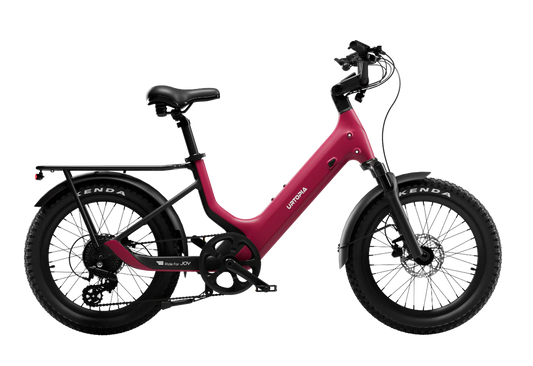 Urtopia Carbon Joy eBike in Rose Red, side view, showcasing lightweight carbon frame and modern design