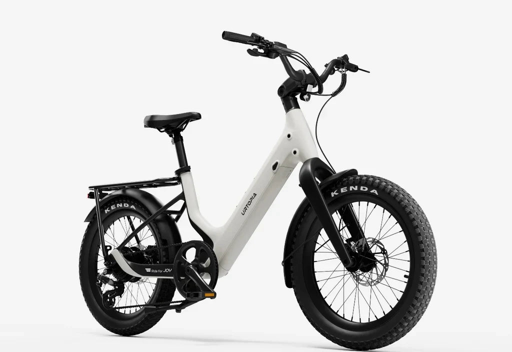 Side view of the Urtopia Carbon Joy Ultra eBike in a modern setting, showcasing its sleek carbon frame, integrated battery, and minimalist design.