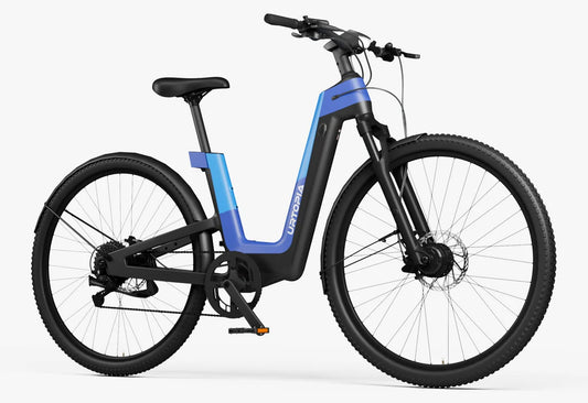 Urtopia Fusion GT eBike in Deep Sea Blue, side view highlighting the frame design and integrated components