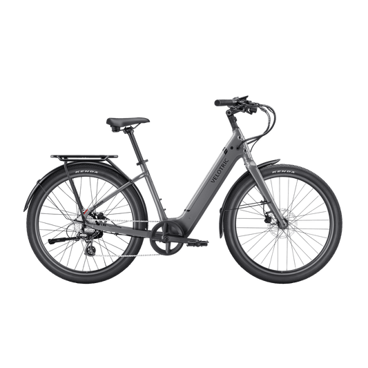 Slate gray Velotric Breeze 1 eBike side view against a plain background