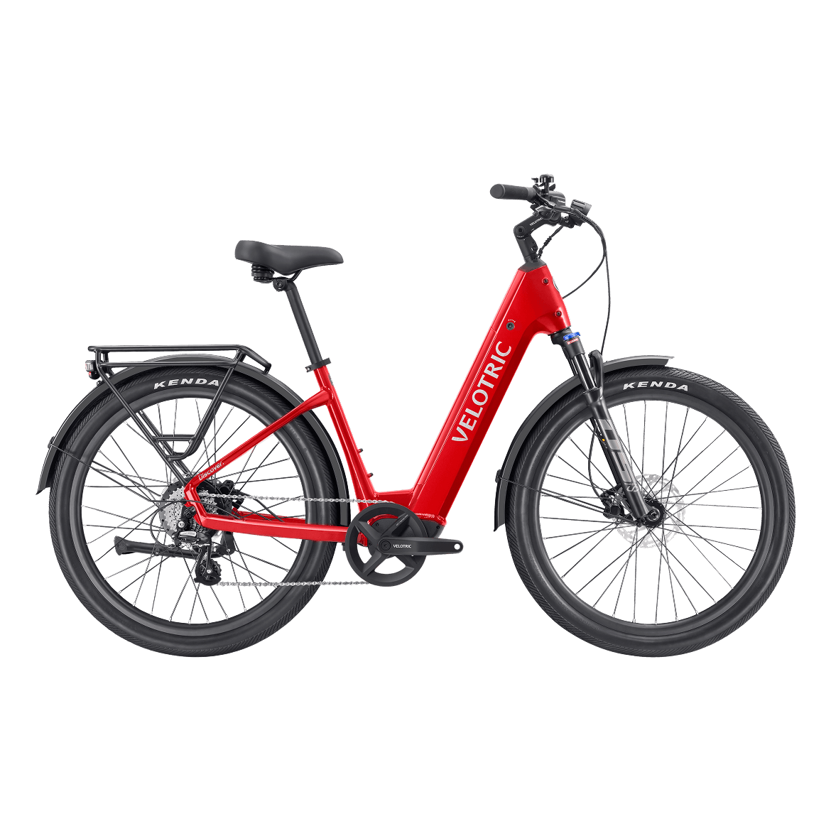 Velotric Discover 2 electric bike in Cherry Crimson color, side view, against a white background