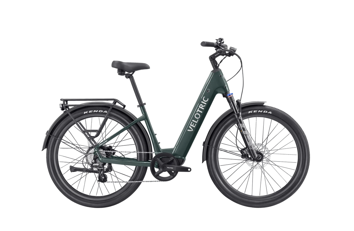 Velotric Discover 2 electric bike in pine green, side view, against a white background